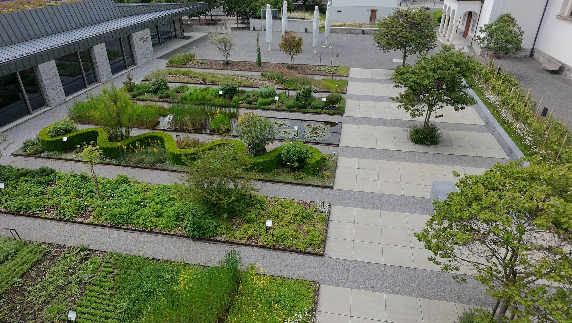 Der Bibelgarten von oben: Beete, Wege und junge Bäume